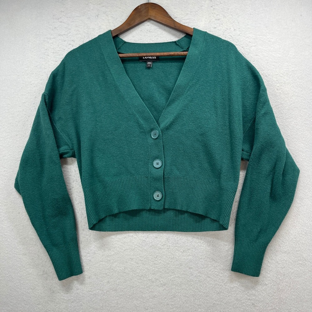 Express Cardigan Sweater Women S Green Cropped Button Front V-Neck Knit Soft